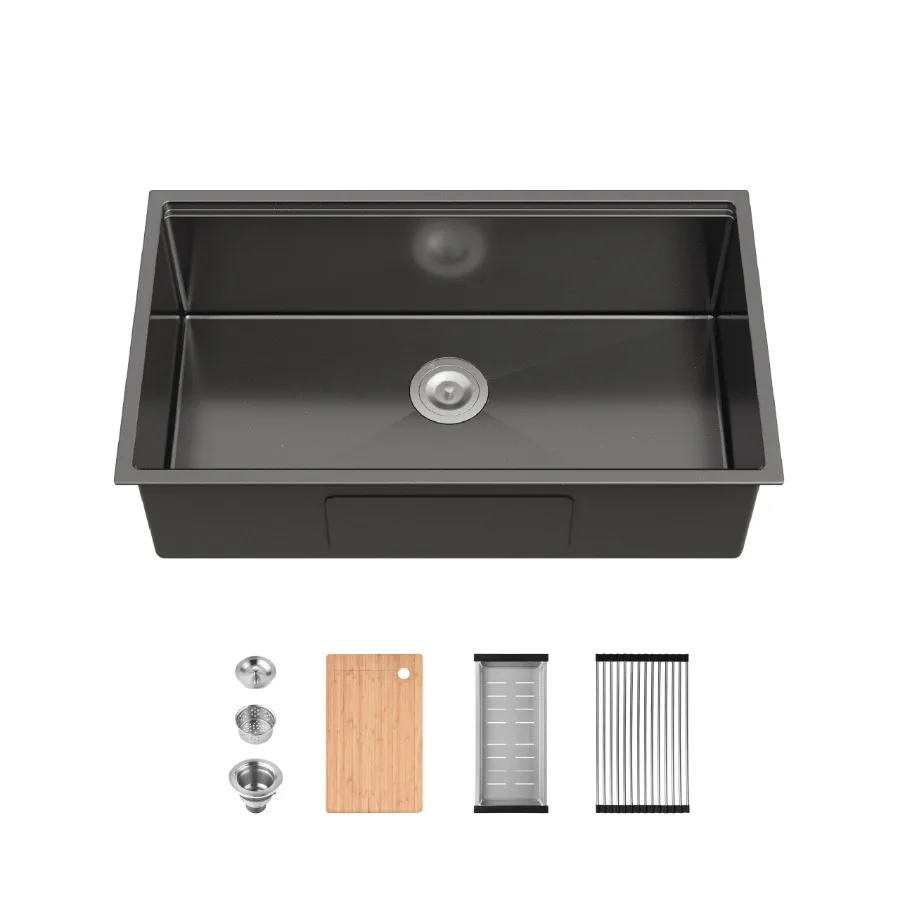 

Stainless Steel Kitchen Sink, 33″x19″ Single Bowl, Undermount Handmade Sink in Brushed, with Cutting Board, Colander[Unable shi