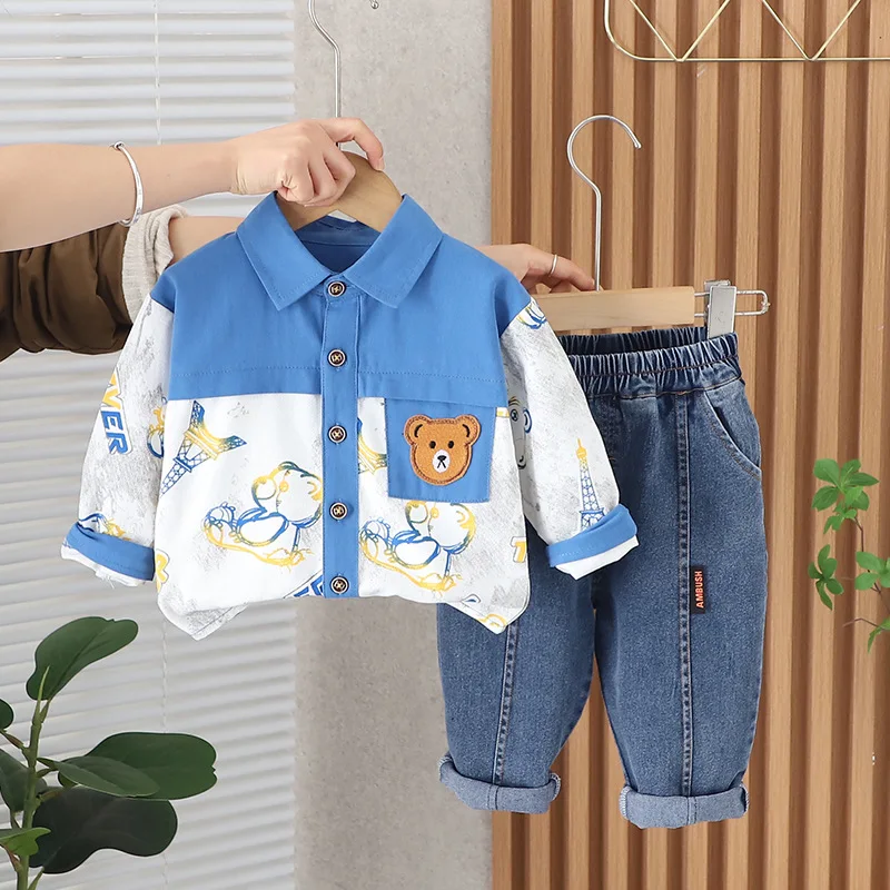 

2024 Spring Baby Boy Clothes 2 To 3 Years Cartoon Patchwork Turn-down Collar Long Sleeve Shirts and Pants Childrens Clothing Set