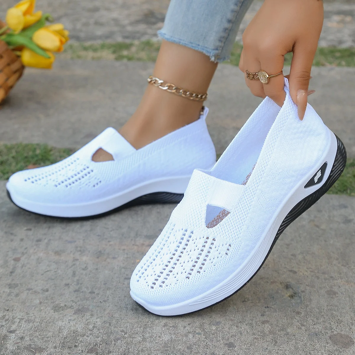 Women's Hollow Knit Mesh Slip On Sneakers, Orthopedic Comfortable Walking Shoes, Casual Flats for Elderly image 3