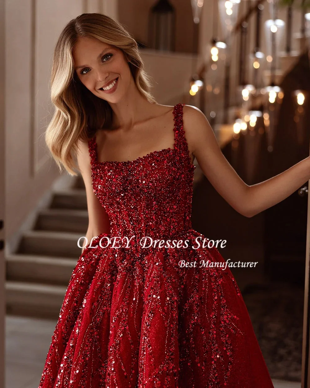 فساتين OLOEY للحفلات الراقصة للمناسبات الخاصة مصنوعة يدويًا من الخرز فساتين سهرة نسائية فاخرة زعيم مربع لامع حسب الطلب