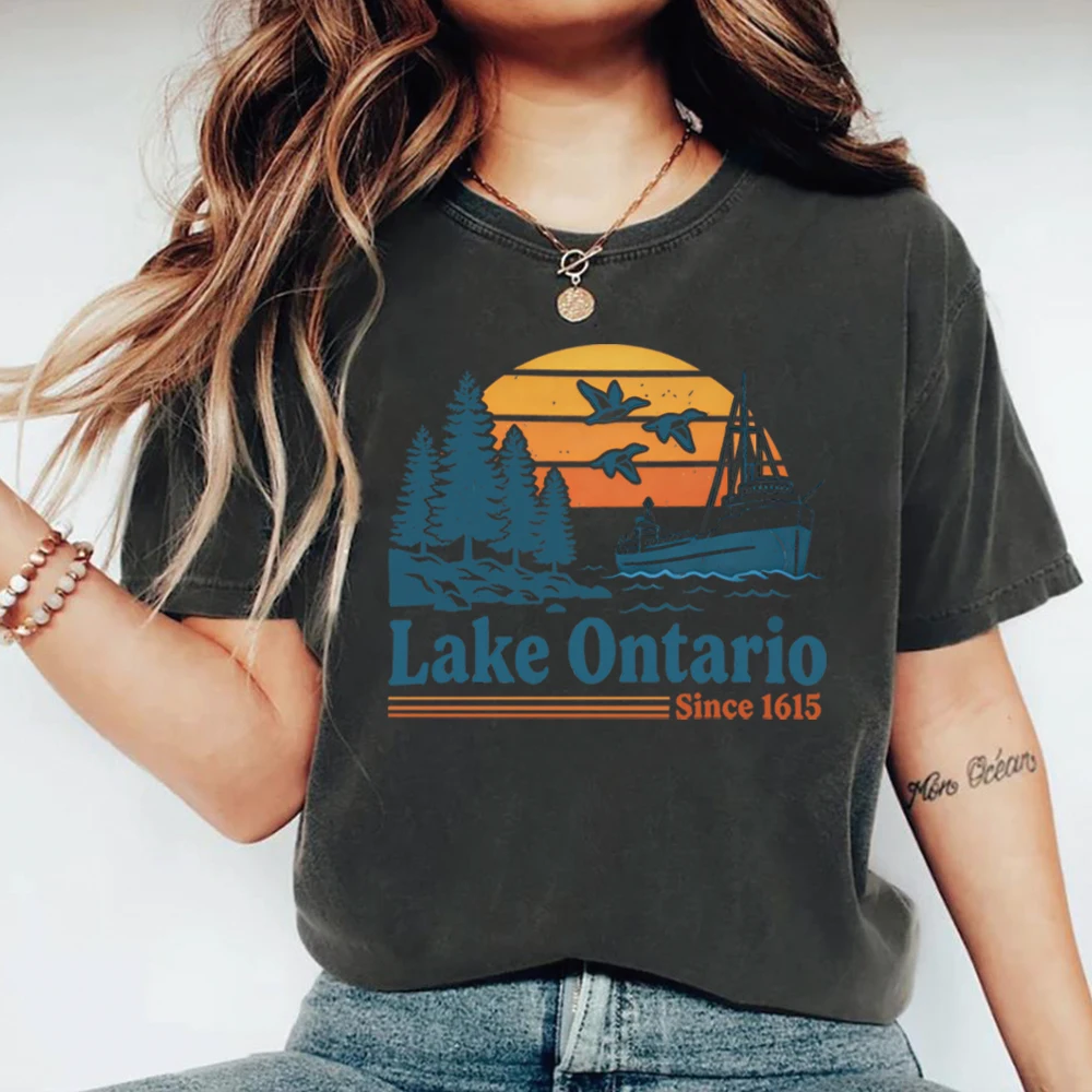 Vintage Lake Ontario T-shirt Great Lakes Tshirt Retro Canada Lake Tee Nautical Boat Graphic Short Sleeves Tops Lake Life Gift