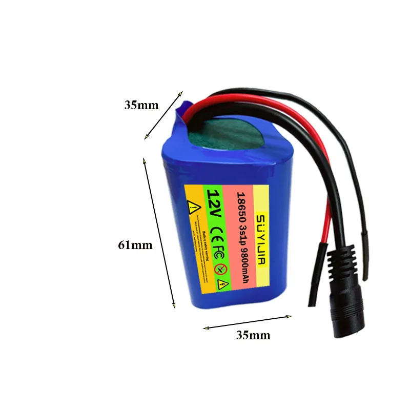 New 12V 18650 Battery Pack 9800mAh 3S1P Li-ion Rechargeable Batteries with BMS Lithium Cells Protection Board +12.6V 1A Charger