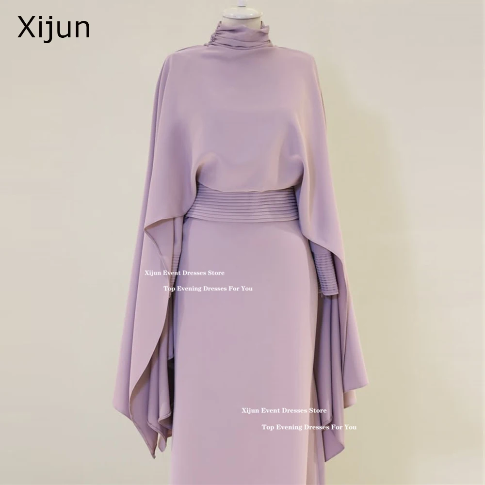 Xijun Crepe Modest Evening Dresses High Collar Pleats Formal Prom Dresses Long Cape Sleeves Muslim A-Line Prom Gowns Customized