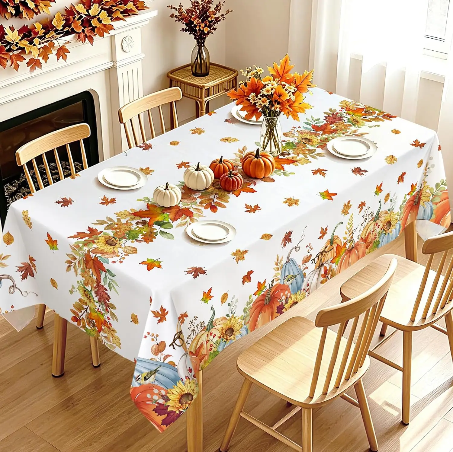 Fall Thanksgiving Pumpkin Maple Leaves Rectangle Tablecloth for Table Decor Washable Kitchen Dining Tablecloth Autumn Decoration