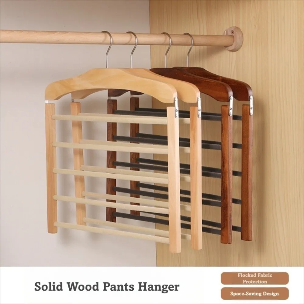 Multi Purpose 5-layer Pants Hanger Wooden Anti-slip Tie Storage Rack Flocking Closet Organizer For Ties, Scarves & More