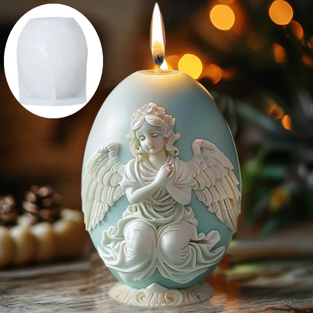 3D Wings Angel Relief Egg Shaped Candle Silicone Mold Prayer Angel Relief Egg Resin Mould Easter Feathers Wings Egg Gypsum Molds