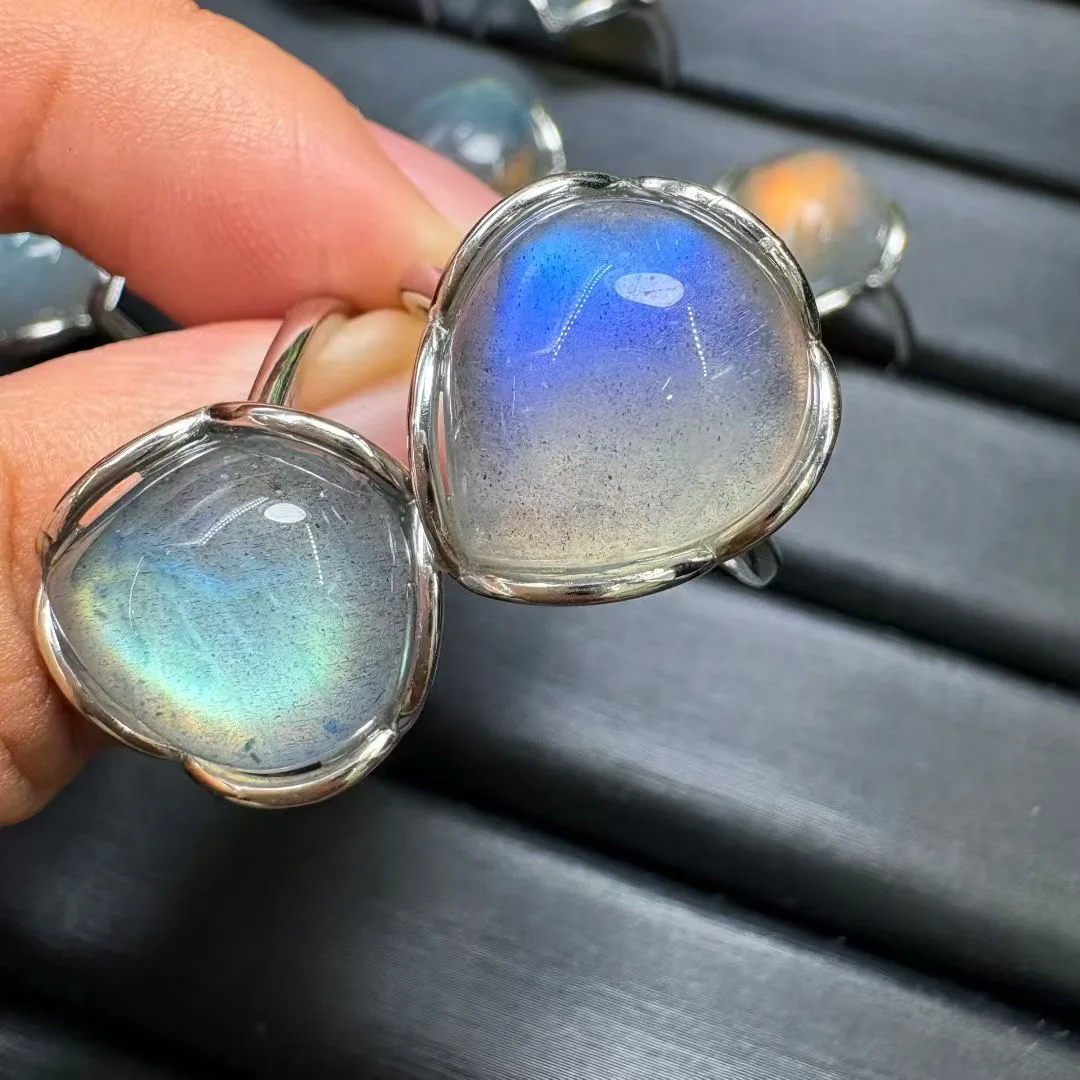 

1Pc Fengbaowu Natural Labradorite Gray Moonstone Ring Water Drop 925 Sterling Silver Reiki Healing Stone Gift Women Men