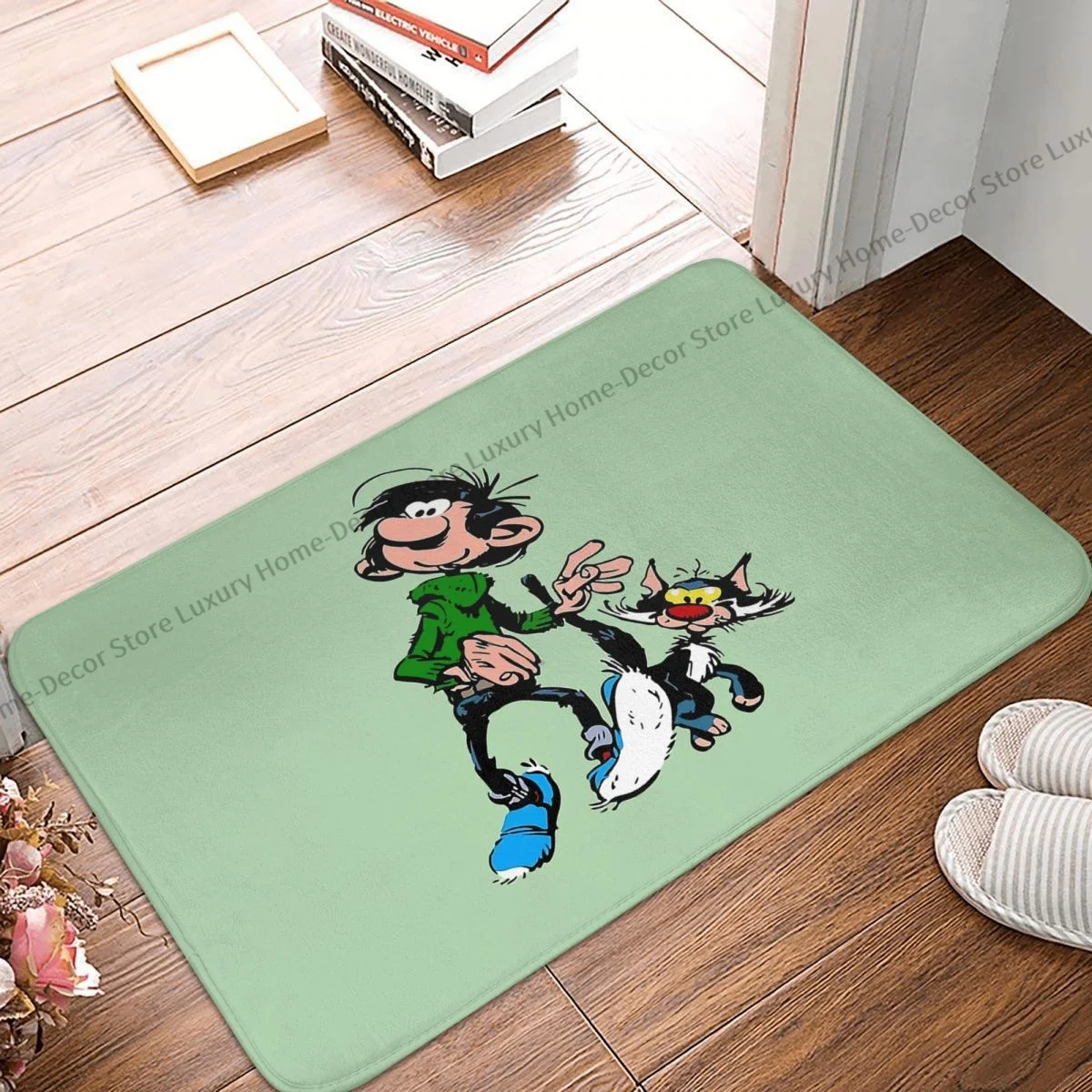 Gaston Lagaffe Bathroom Non-Slip Carpet Walking With Cat Flannel Mat Welcome Doormat Floor Decor Rug