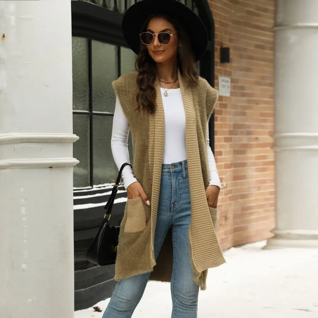 

Women's Sleeveless Knitted Cardigan Sweater Mid-Length Imitation Mink Autumn Winter New European American Style Knitwear