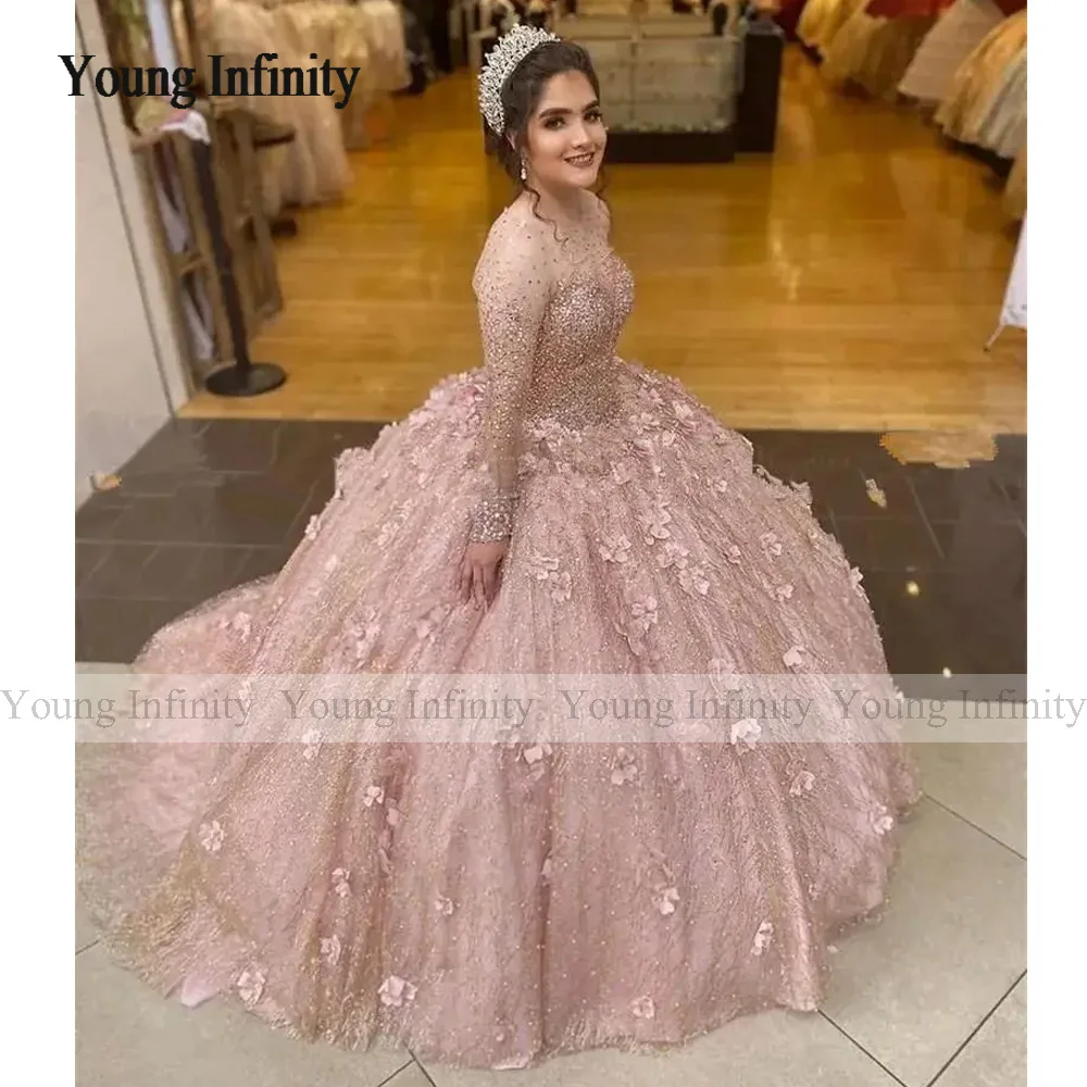 Robes de Quinceanera roses blush pour femmes, robe de Rhflorale, manches longues, paillettes kly, perles, robes éducatives, Rotterdam, 15 ans, Sweet 16, 2024