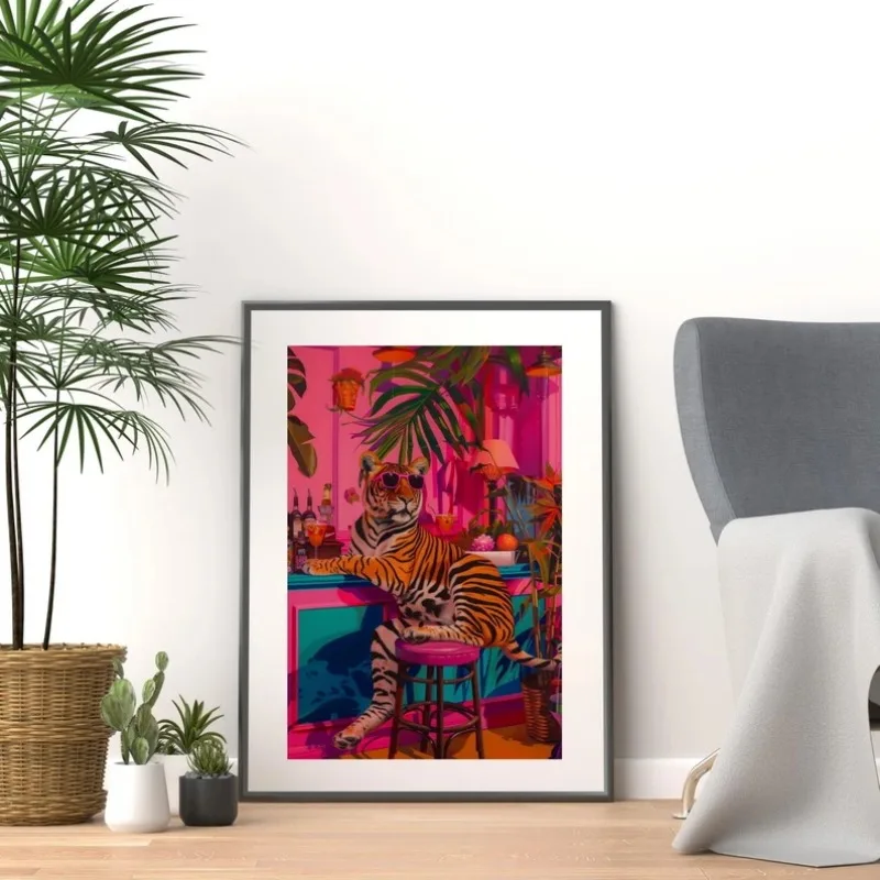 Colorful Tropical Vibrant Animal Bar Poster Summer Party Vibes Chimpanzee Tiger Dog Canvas Painting Wall Art for Room Home Decor