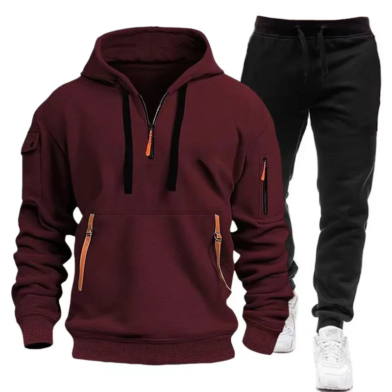 Men\'s Zip-Up Color Block Hoodie with Casual Stylish & Durable Fall/Winter Top Raglan Sleeves Hoodies Sweatshirt Male Pants Set