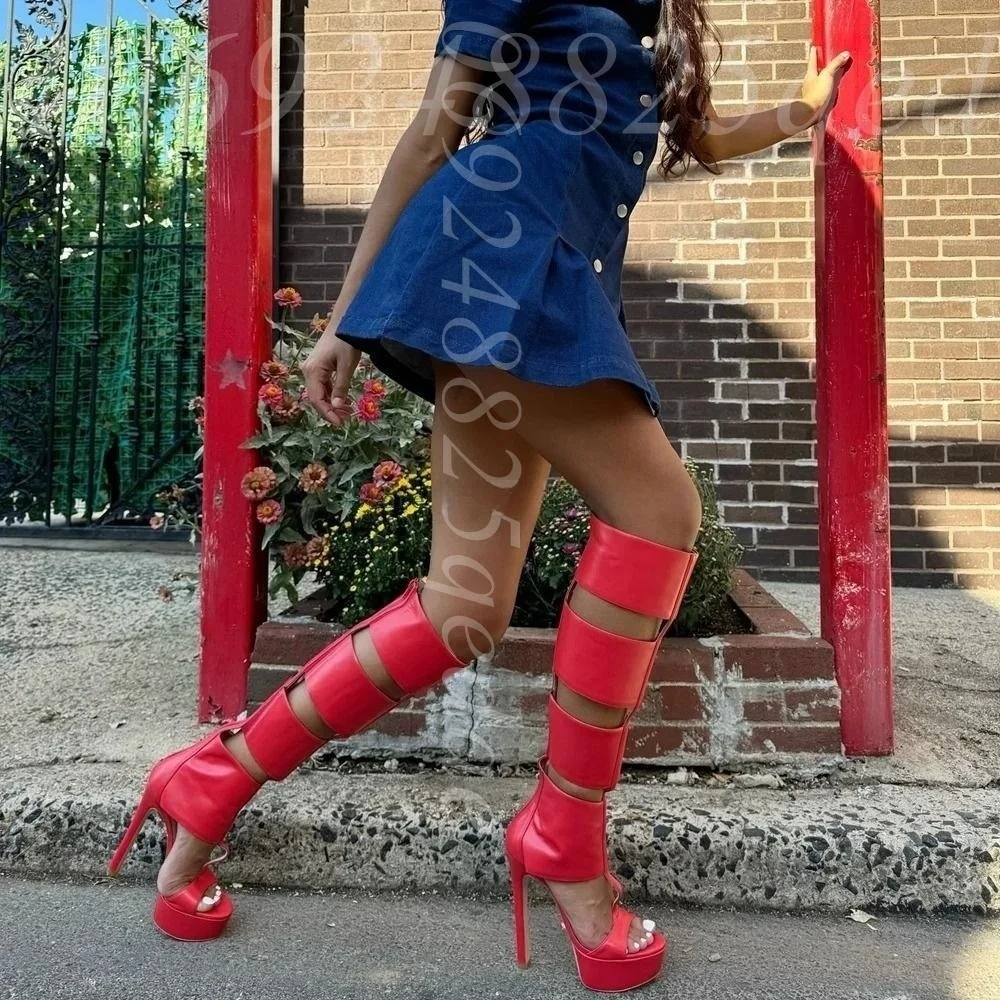 

Women's Sexy Hollow out Knee High Heeled Sandal Boots Peep Toe Platform Stiletto Sandals, Fashion Gladiator Shoes for Daily Wear