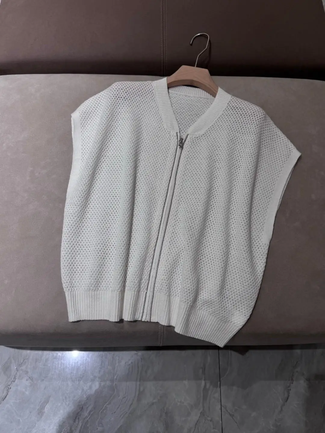 เสื้อกั๊กถักแขนกุดกลวงแวววาวผ้าลินินหรูหราของผู้หญิง