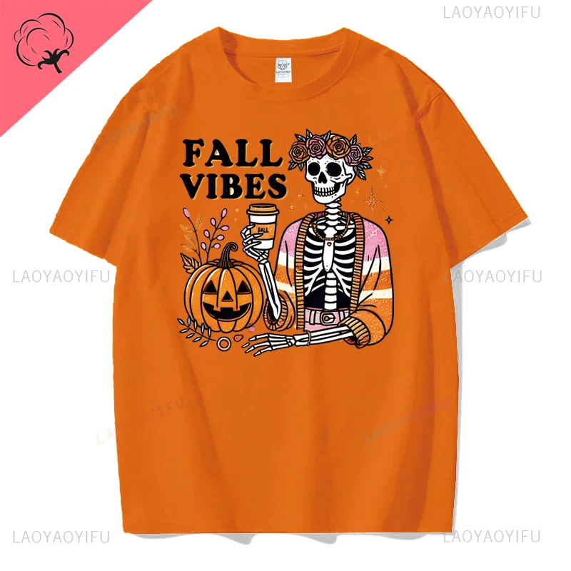 Fall Vibes Skull Pumpkin Lamp Graphics Hallowmas Cotton T Shirt Casual Streetwear Short Sleeve Tshirt Hipster Breathe Women Tees