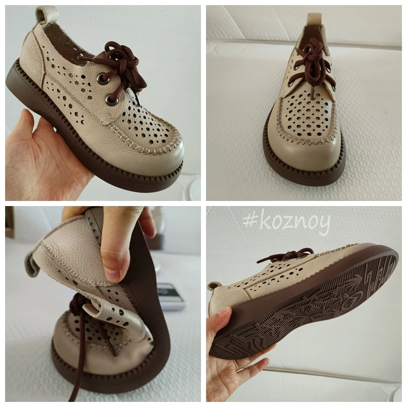 Koznoy mokasyny dla kobiet 3.5cm z naturalnej naturalnej skóry letnie luźne mokasyny płaskie wygodne platformy klinowe etniczne