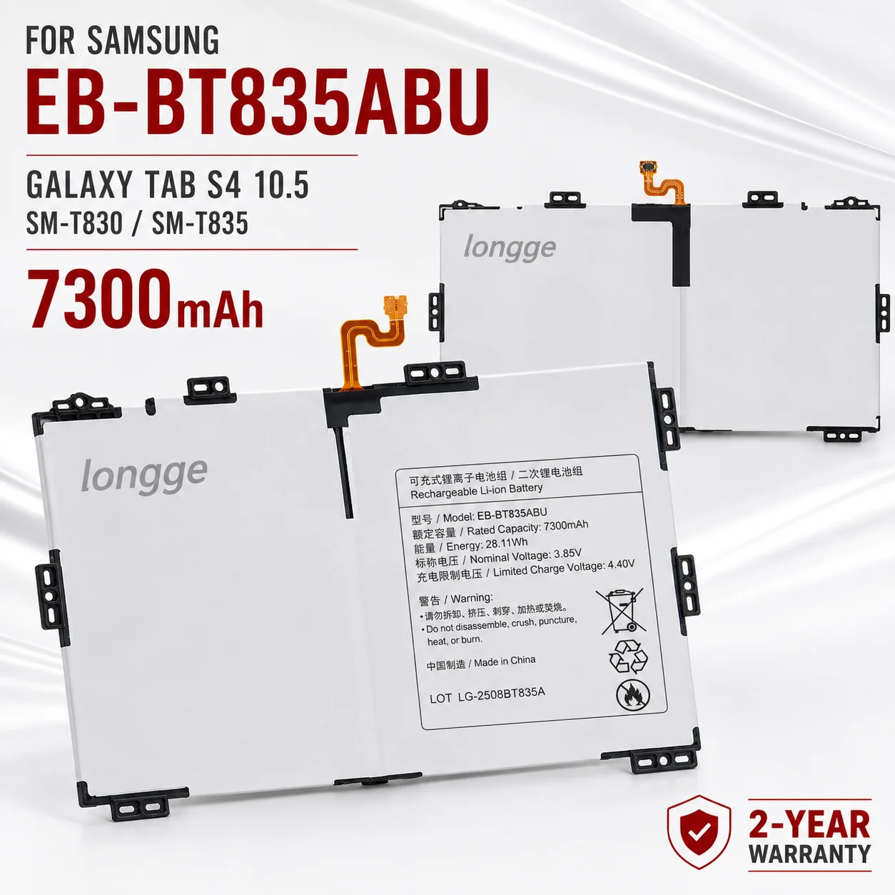 Tablet Replacement Battery Model EB-BT835ABU 7300mAh for Samsung Galaxy Tab S4 10.5 SM-T830 SM-T835 T830 T835 Compatible