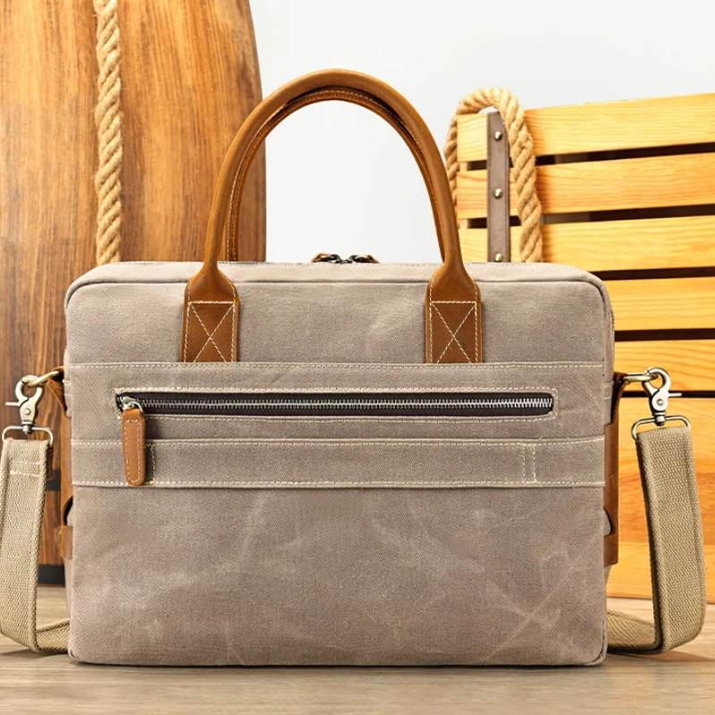 CFUN YA Luxury Design Men's Business Handbag Real Leather Canvas Male Shoulder Crossoby Bag Tote Pack Messenger 15