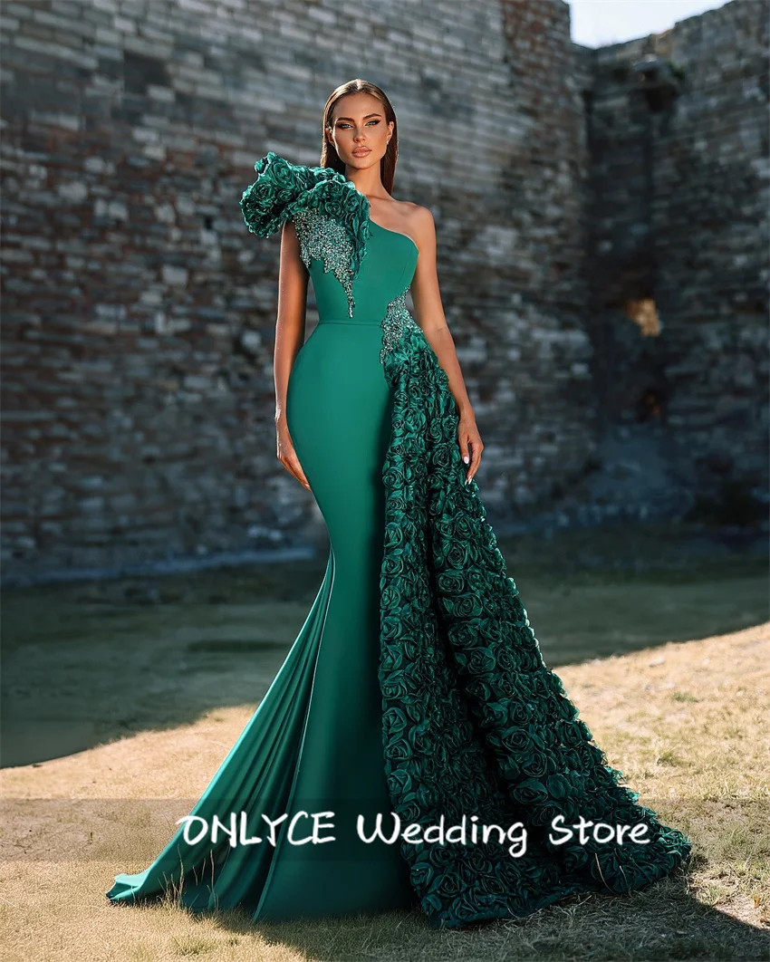 Elegant Emerald Green Mermaid Evening Dresses With Side Train Beaded Crystal 0-Vestidos De Fiesta Para Mujer Lujo Con Pedreria