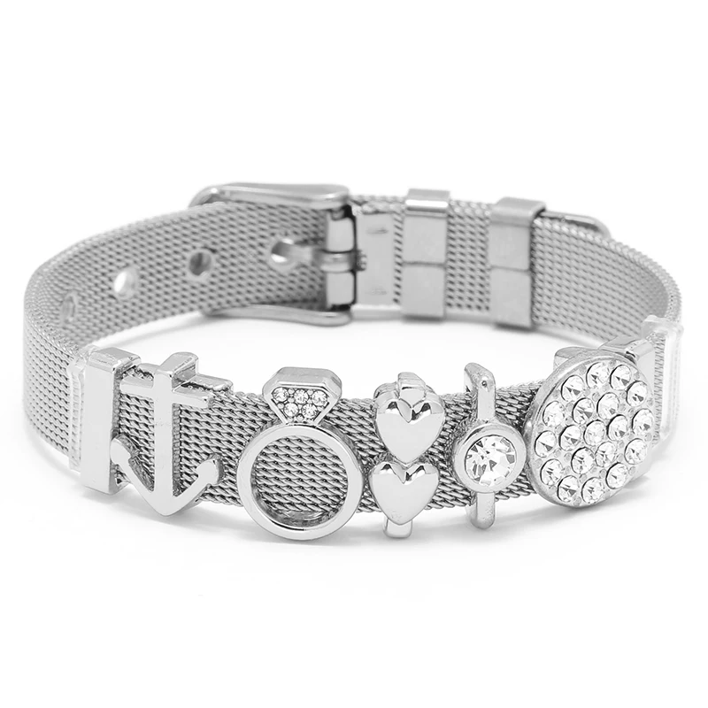 New Arrived Adjustable Stainless Steel Mesh Bracelet Shiny Crystal Bead Charms Fine Bracelet European Woman Watch Accessories