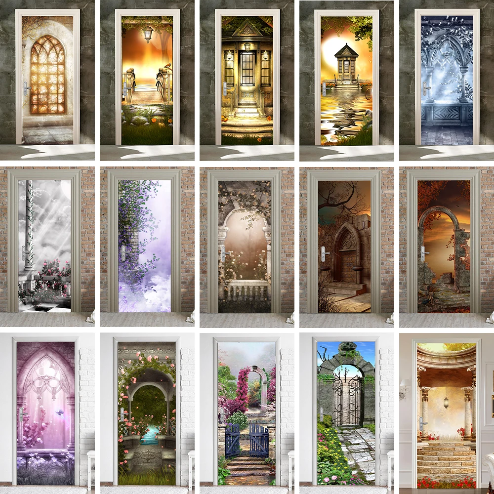 

Gothic Style Arched Door Design Wallpaper Waterproof PVC Retro Palace Buildings Door Sticker Wall Art Mural Peel and Stick