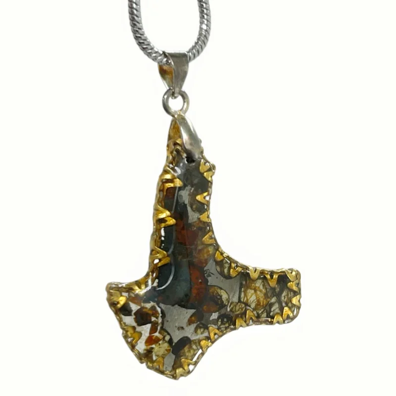 Sericho Pallasite Meteorite Pendant Freeform Slice Gold‑Tone Edge Olivine Crystal Space Mineral Necklace TB342