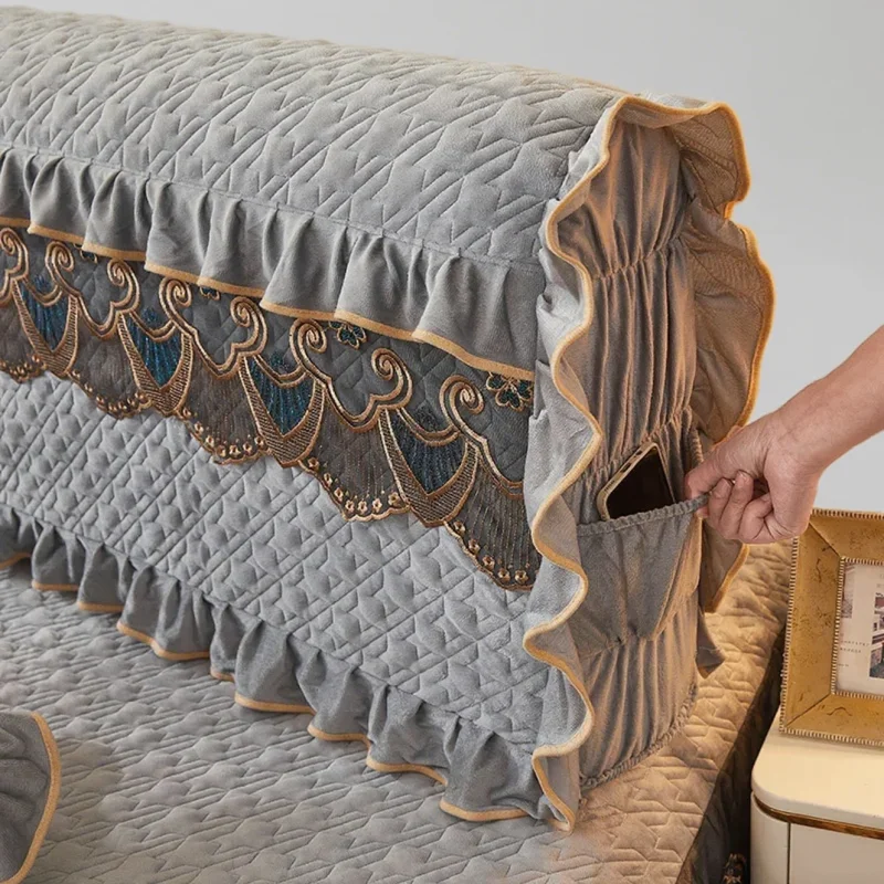 

1pc Lace edged short plush all inclusive headboard elegant protective cover luxurious and exquisite flannel quilted bed cover