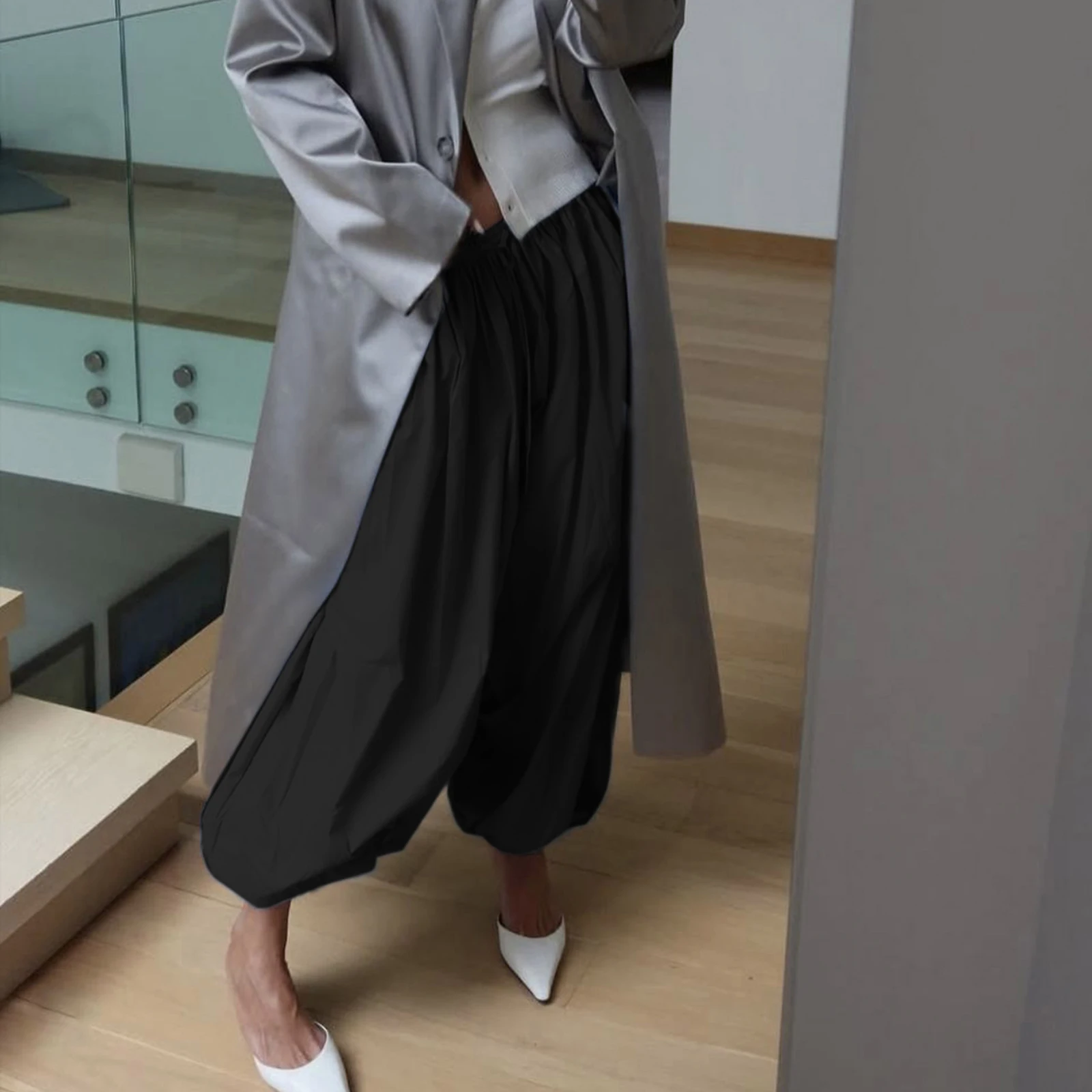 Women s Loose Lantern Slacks Pants Casual Elastic Waist Solid Color Baggy Trousers for Beach Travel Vacation