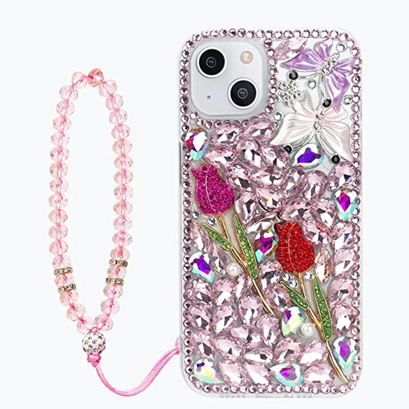 Luxury Sparkle Diamond Crystal Rhinestone Rose Flower Butterfly Case with Strap for Iphone 15 14 13 12 11 Pro MAX XR