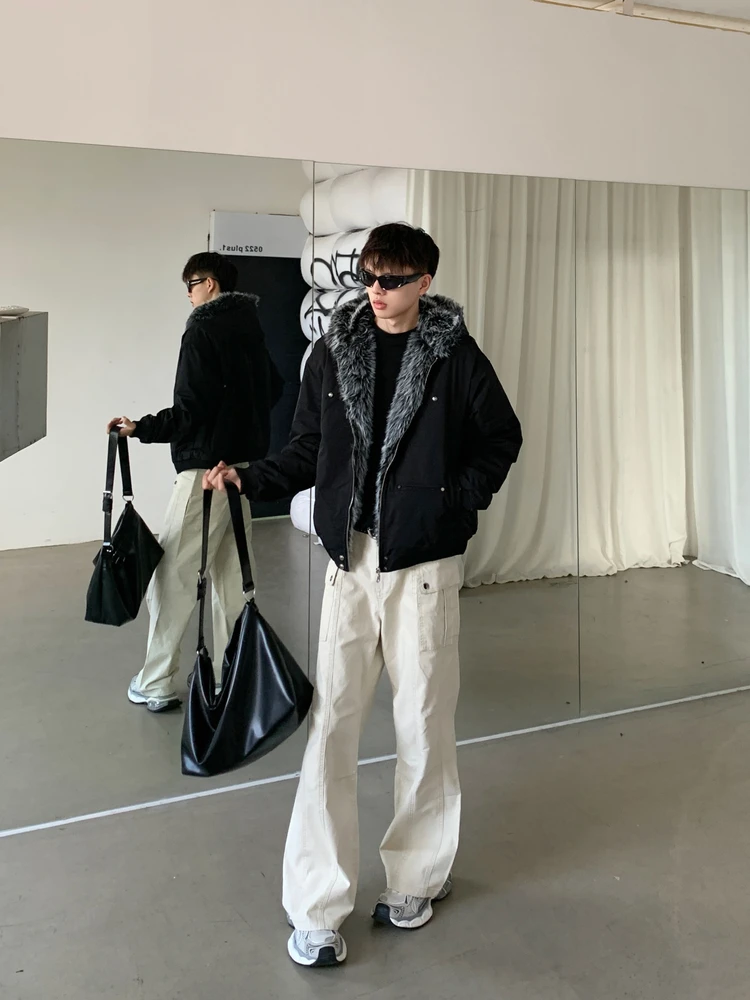 

American Thiened Fur Collar Mountain Eagle Cotton Jaet Couple Cleanfit High-End Artificial Rabbit Velvet Hooded Coat Trendy