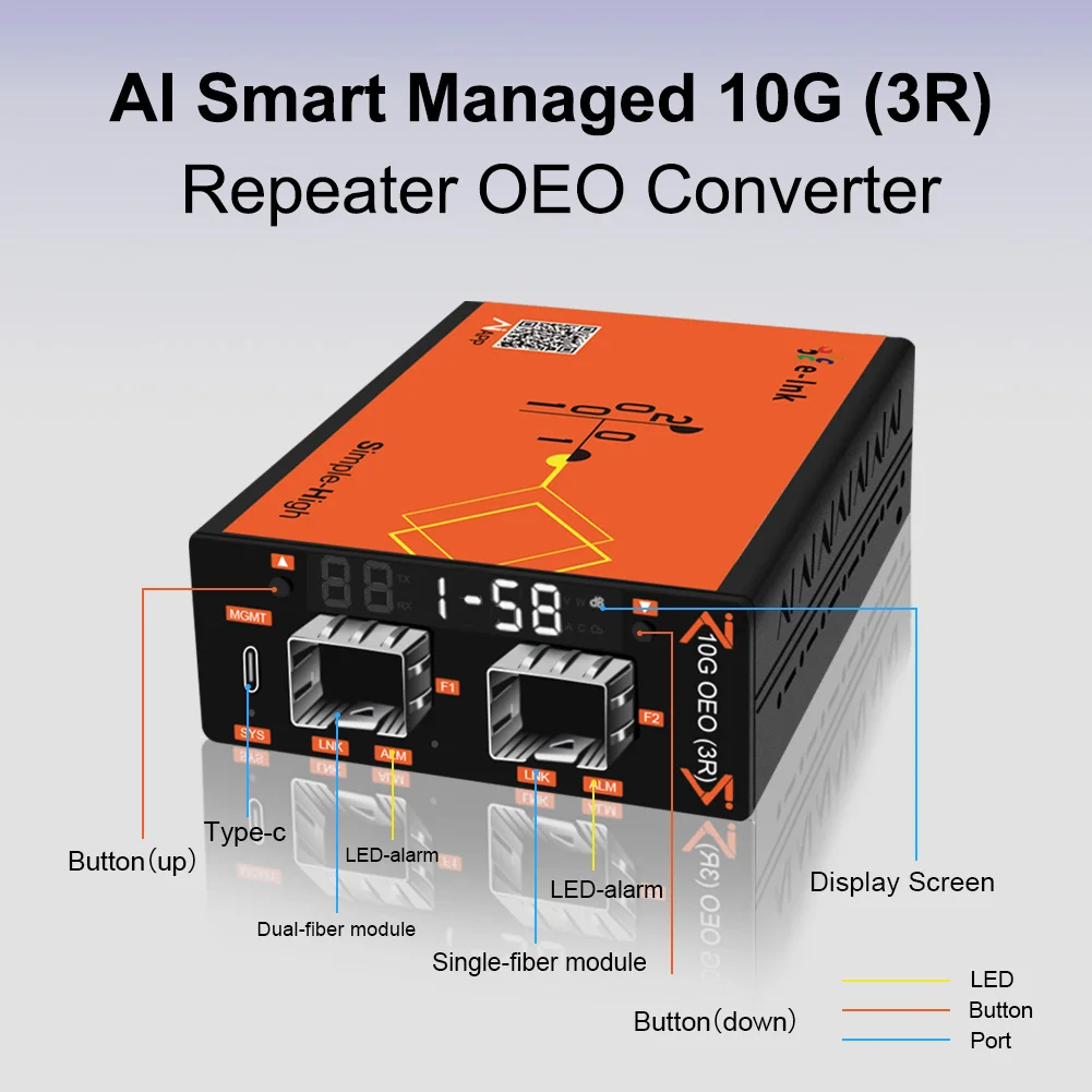1.25G-12.5G Multi-rate, Front Display APP/Web Control, DIP Switch Type-C 5~58V DC AI Smart Managed 10G OEO 3R Repeater