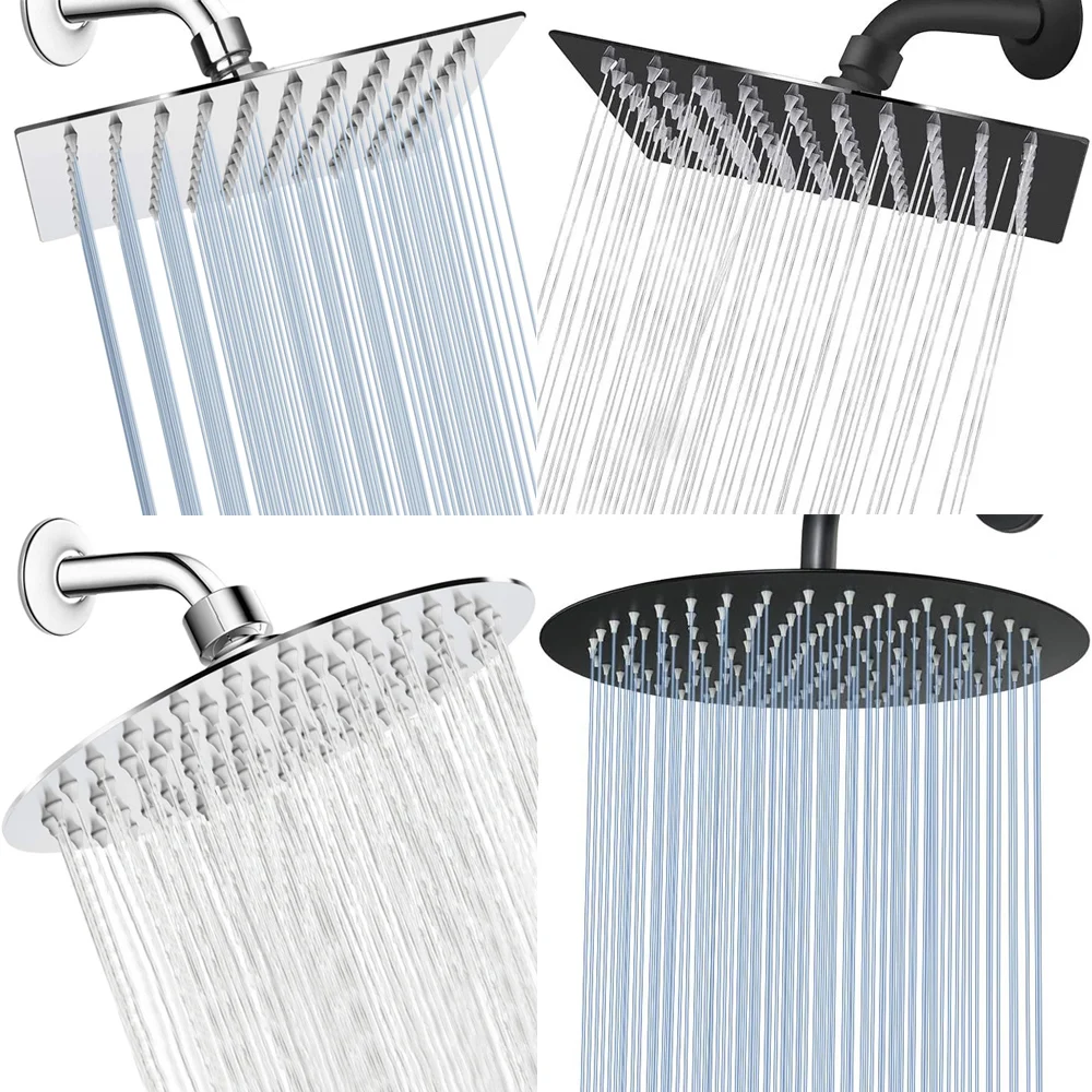 Silver Black Gold 8/10/12 Inch Stainless Steel Rainfall Shower Head High Pressure Square Round Ceiling/Wall Mounted Shower Head