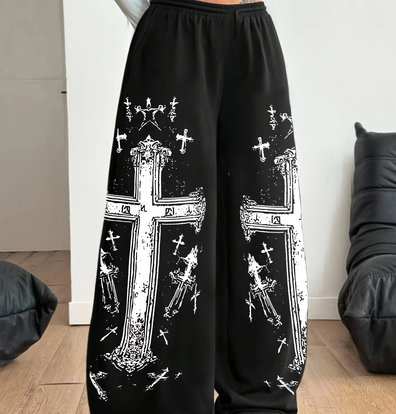 2026 New Unisex Distressed Cross Graphic Straight‑Leg Jogger Pants Retro Dark Style Y2K Street Hip‑Hop Loose Long Trousers