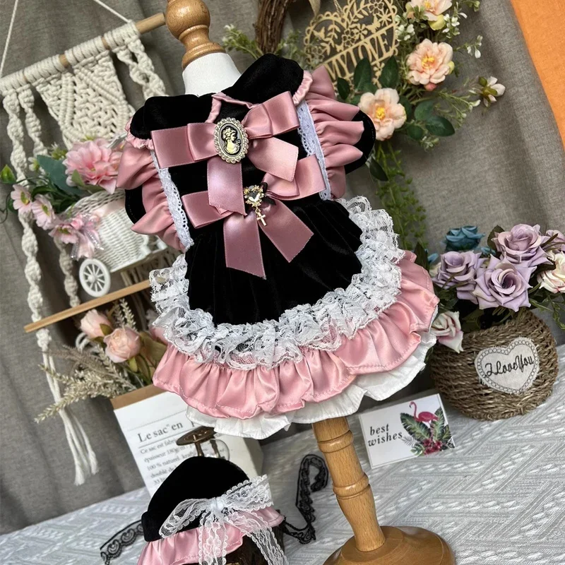 Original Handmade Pet Dog Cats Clothing Retro Black Pink Velvet Bow Cute Princess Dress For Small Medium Dog Puppy Clothes Coat