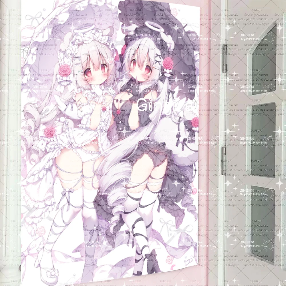 Twin Angel Gothic Lolita Girl With Lace Parasol Rose Vertical Anime Tapestry Sweet Gothic Door Wall Hanging