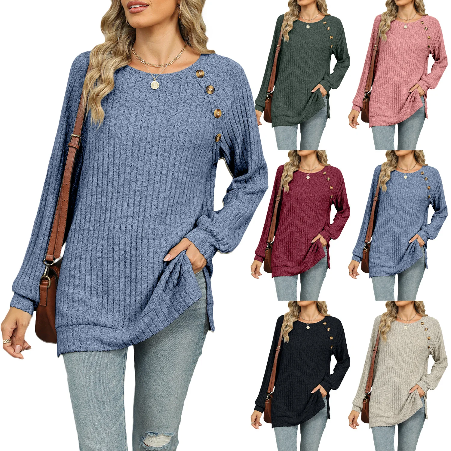 

Shirts Women T Shirt Casual Tops O Neck Tees Long Sleeve Solid Buttons Slight Strech Spliced Loose Fit 2025 Autumn Sports
