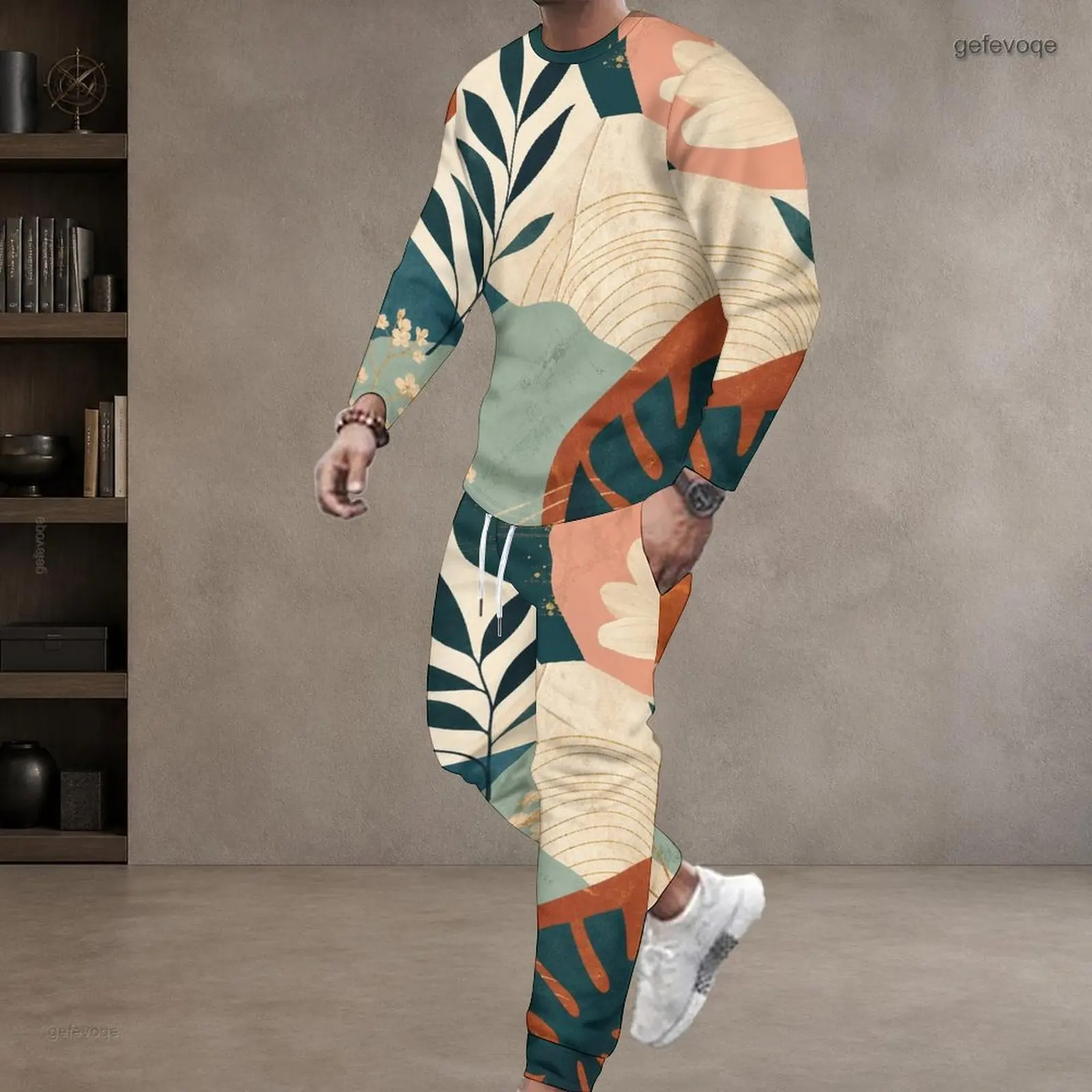 Men Printed Pants Set Round Neck Long Sleeve Top Cuffed Pants Two Piece