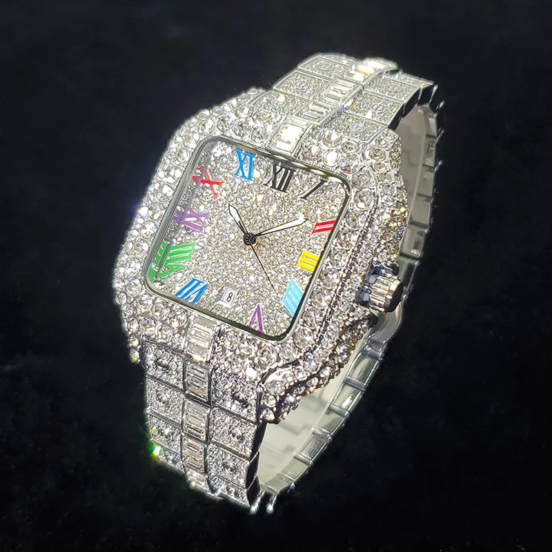 2025 New Luxury Diamond Watch Men Fashion Iced Out Square Colorful Number Watches Hip Hop Bling Jewelry Reloj Hombre for Party