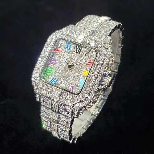 Imagen 2 del producto 2025 nuevo Reloj de lujo con diamantes para Hombre, relojes cuadrados coloridos con números a la moda, joyería ostentosa de Hip Hop, Reloj para Hombre para fiesta