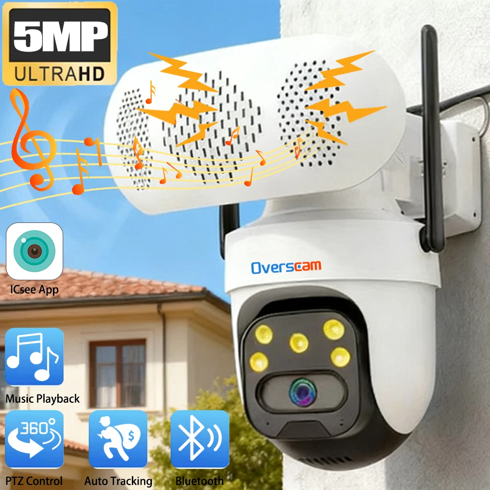 Haut-parleur Bluetooth 5MP, caméra PTZ noire et blanche, WiFi extérieur, Audio bidirectionnel, suivi automatique, caméras de Surveillance avec lecture de musique