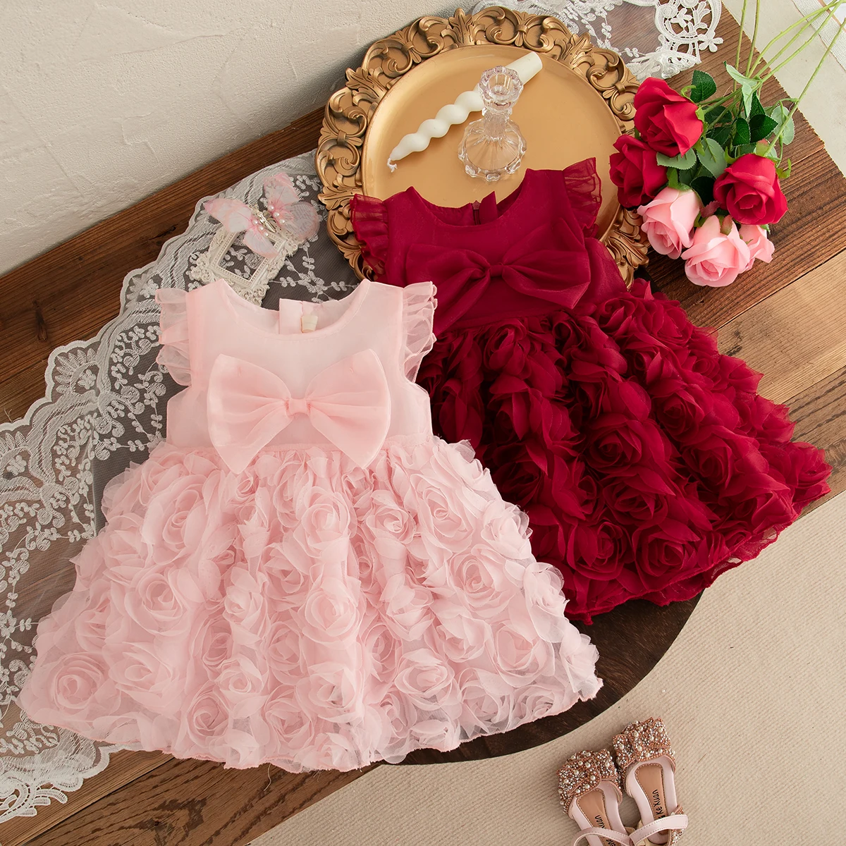 Elegant Baby Dress Rose Flower Mesh Princess Dress Big Bow Baby Tutu Dress Gown for Kids