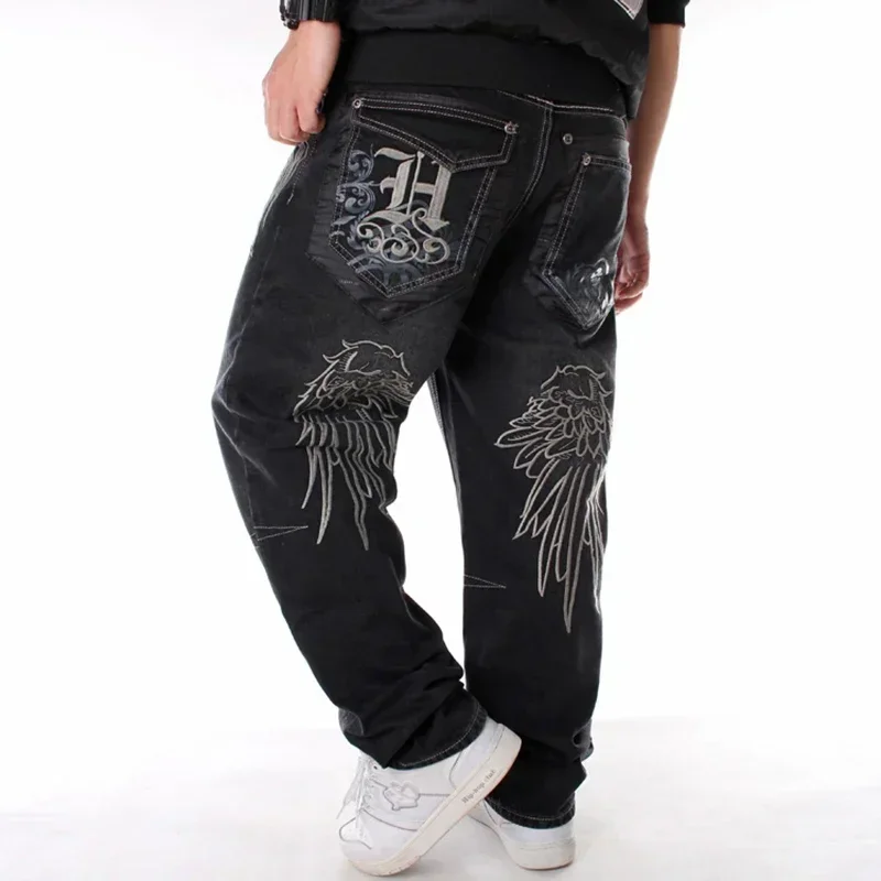 Nanprogressif-Jean baggy pour homme, pantalon en denim brodé, style hip hop, skateboard, noir, fjchinois, taille 30-46