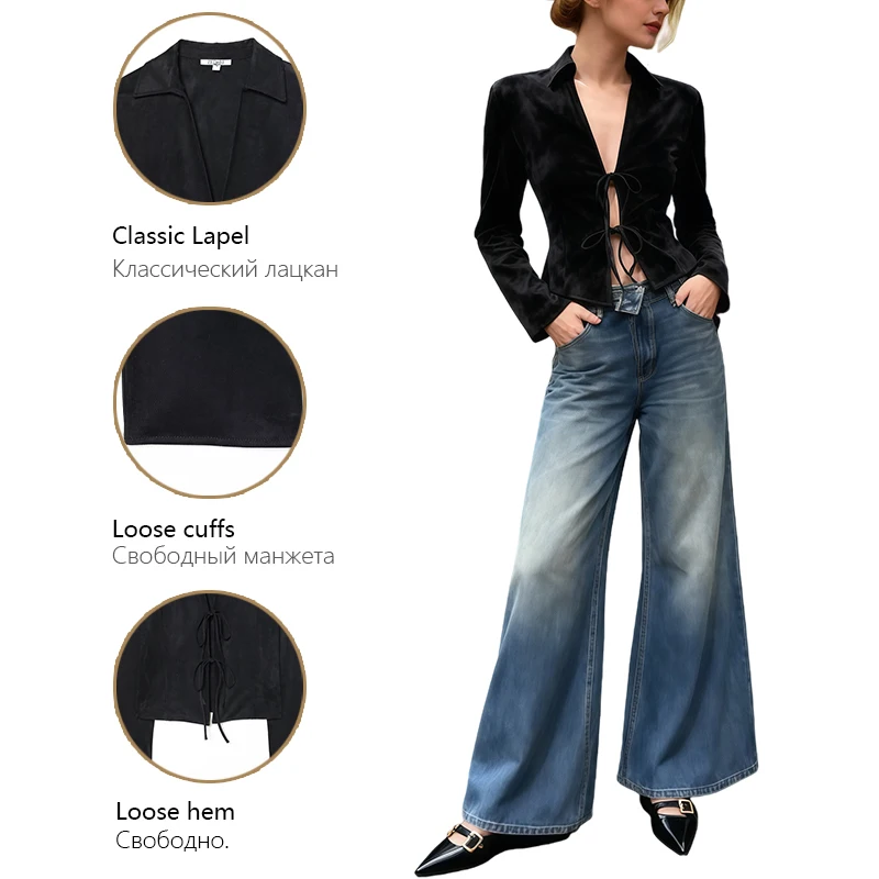 

Women's Notched Collar Long Sleeve Short Coat, Fashionable Lace-Up Casual Shirt Black Faux Suede Lace-Up Front Short Jacket