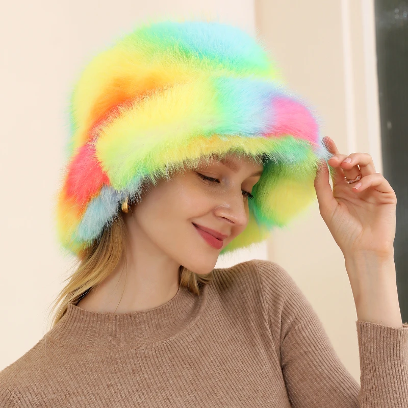 2024 luxus Flauschigen Faux Pelz Eimer Hut Frauen Imitation Pelz Warme Kaninchen Pelz Kappe Russische Frauen Panama Fischer Hut Bob Großhandel – Detail 1