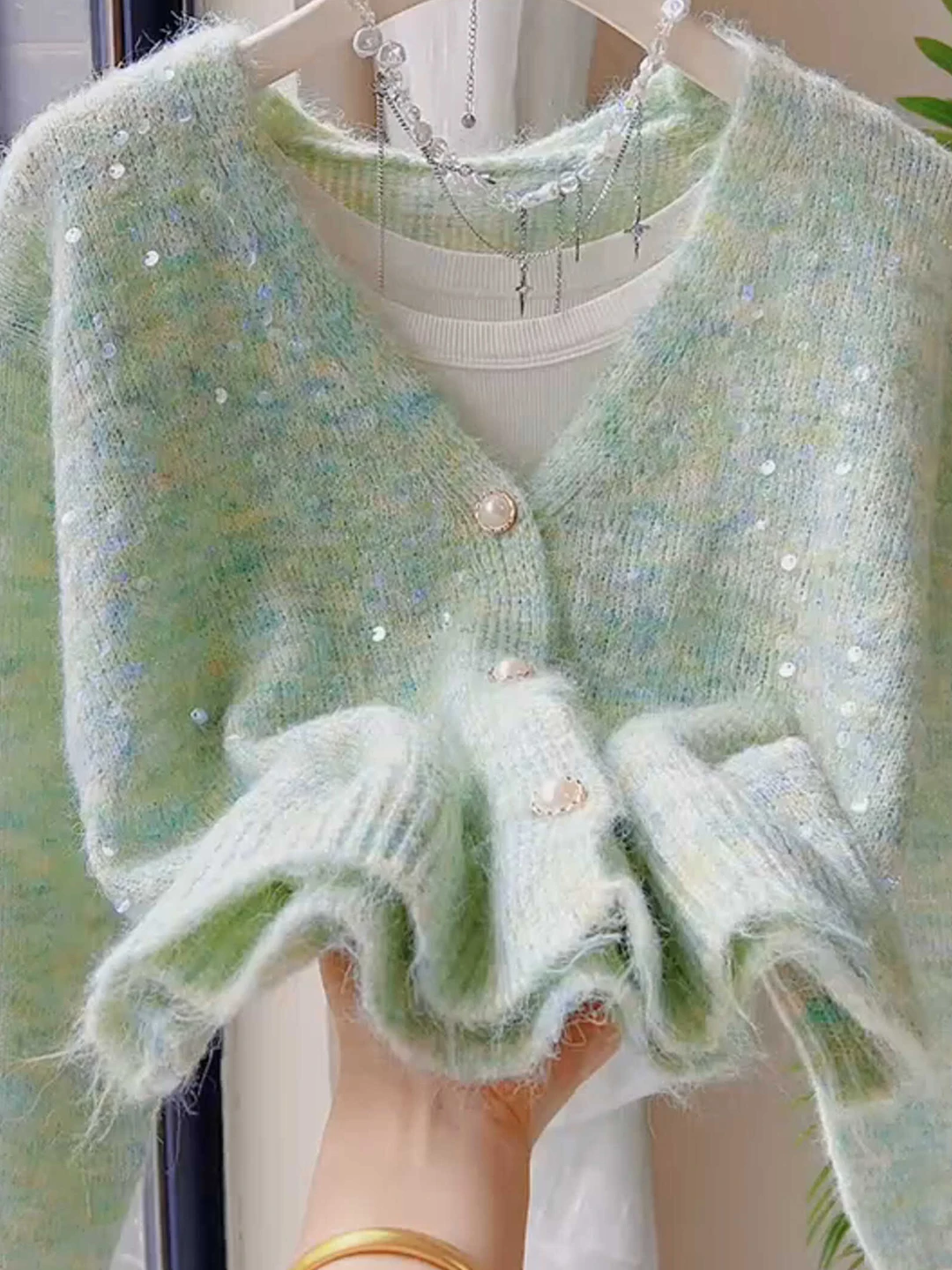 Chic V-Neck Knitted Open Cardigan Women's Spring Autumn Soft Cozy Sweater Sweet Sparkling Top Casual Style Regular Fit
