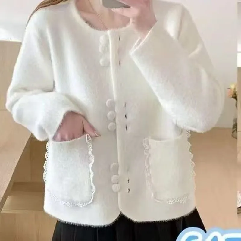 New Women's Imitation Mink Cardigan 2026 Autumn Winter Woman Knitted Cardigan Tops Female Korean Style Lace Elegant Jacket Coat