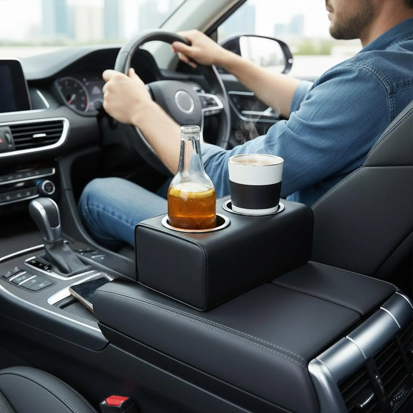 حامل أكواب إضافي لملحقات السيارة الجلدية وحامل مشروبات الأريكة ومنظم المقعد الخلفي للسيارة للهاتف الخليوي والوجبات الخفيفة والمياه عن بعد
