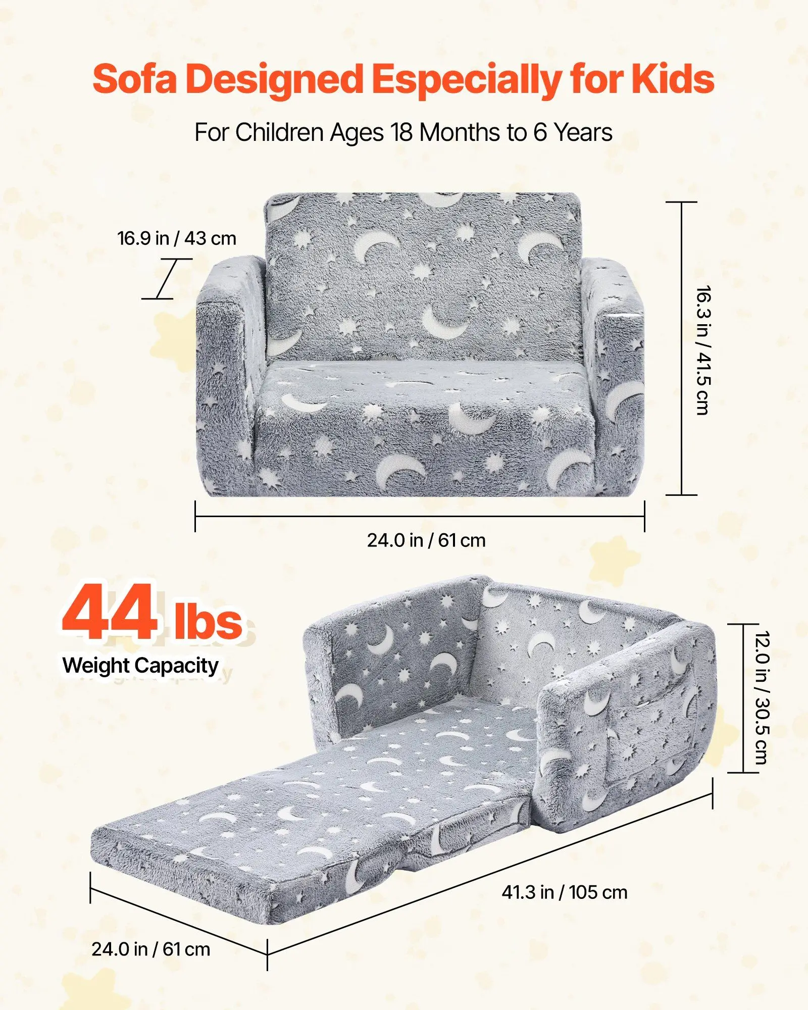 أريكة أطفال متوهجة في الظلام 2 في 1 كرسي قابل للتحويل قابل للطي إلى كرسي مع إسفنجة 28D وفانيلا لقراءة الأطفال الصغار والألعاب