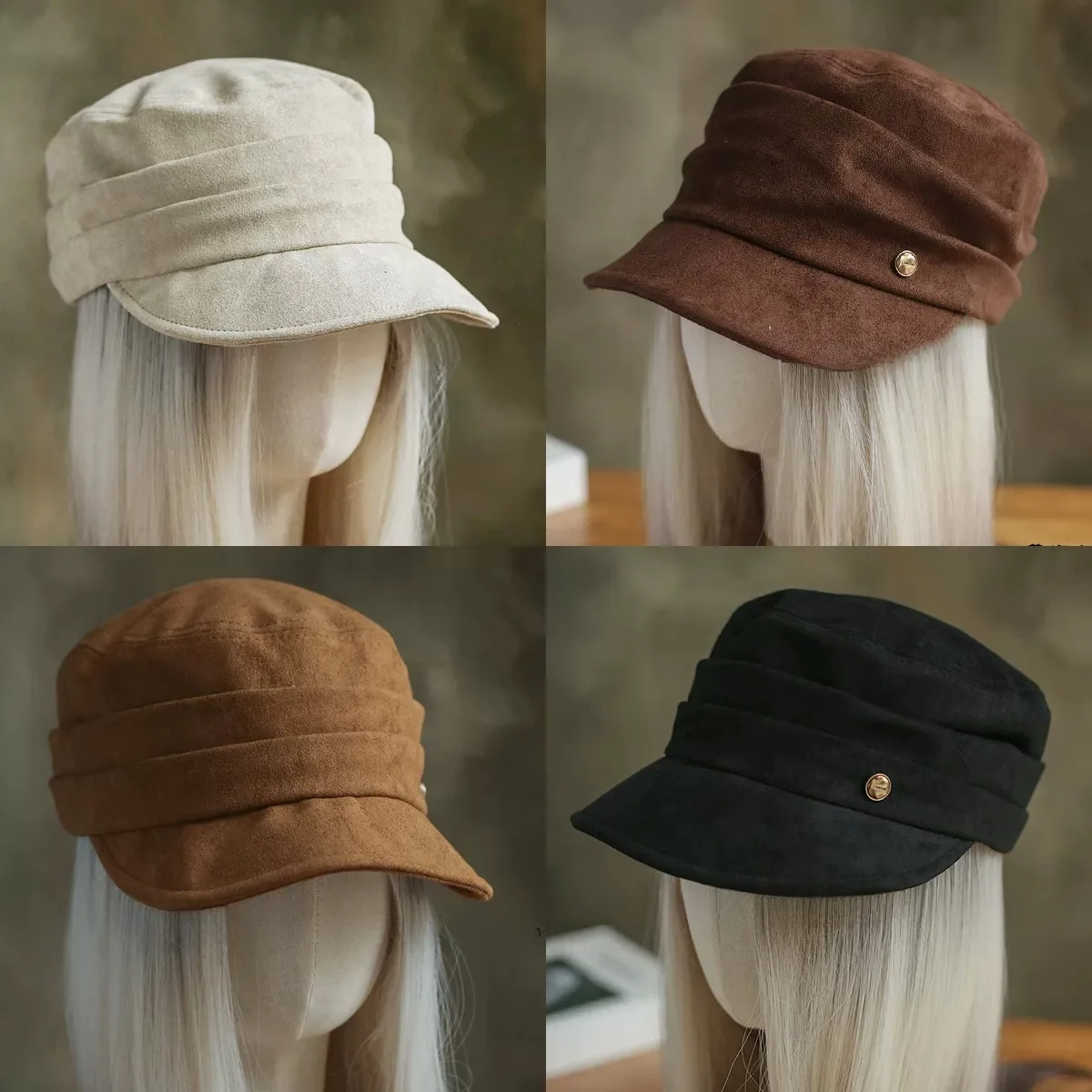 Korean Suede Folded Design Flat Top Hat Women's Autumn Winter Vintage Texture Versatile Newsboy Cap Fashionable Short Brim Hat