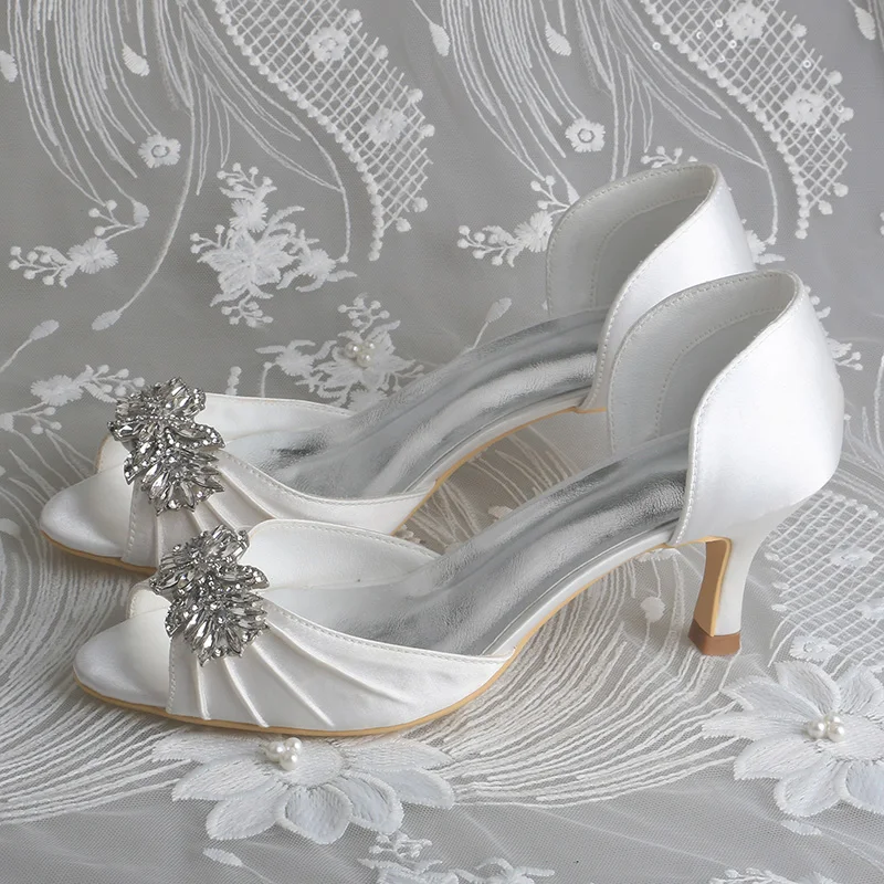 Wedopus Customized 6.5CM Peep Toe Bridal Wedding Shoes with Crystal Brooch Ivory Satin Ladies Pumps Mid Heels